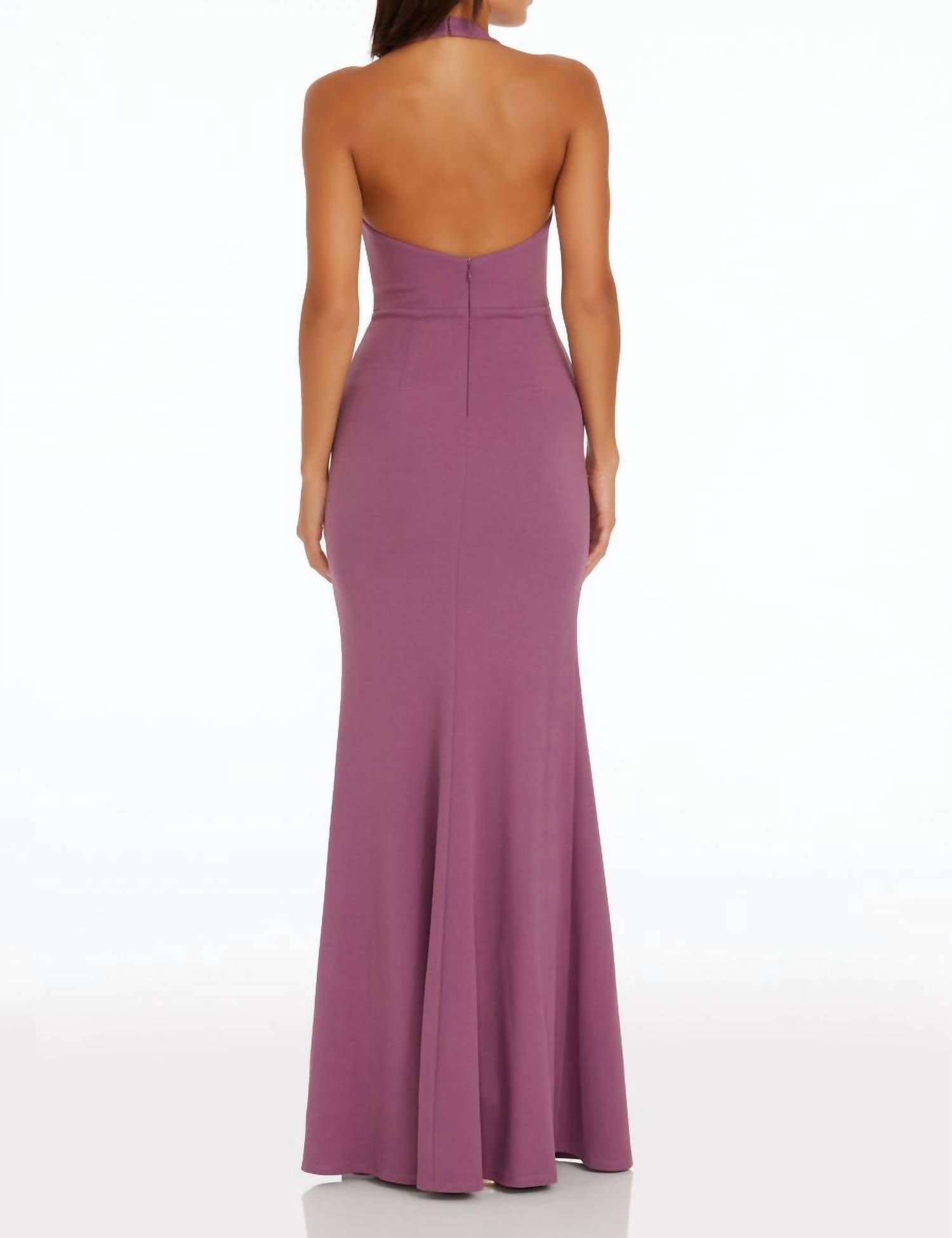 DRESS THE POPULATION Paige Halter Neck Mermaid Gown in orchid - women's dress - detail view