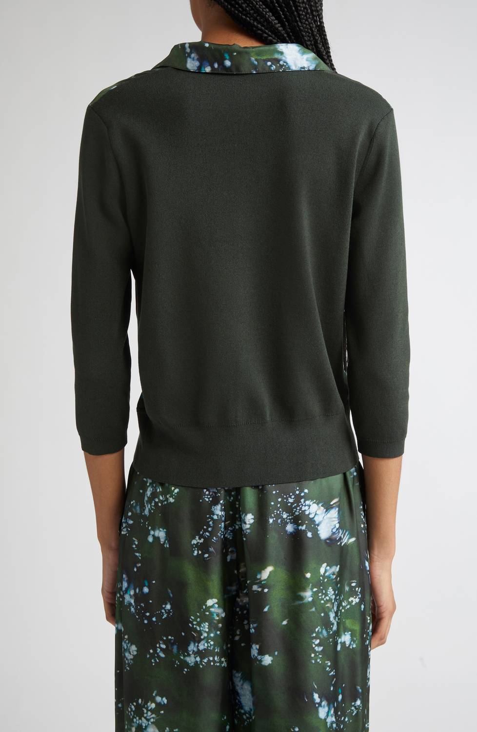 Lafayette 148 Collard Button Front Cardigan in deep moss - women's cardigan - detail view