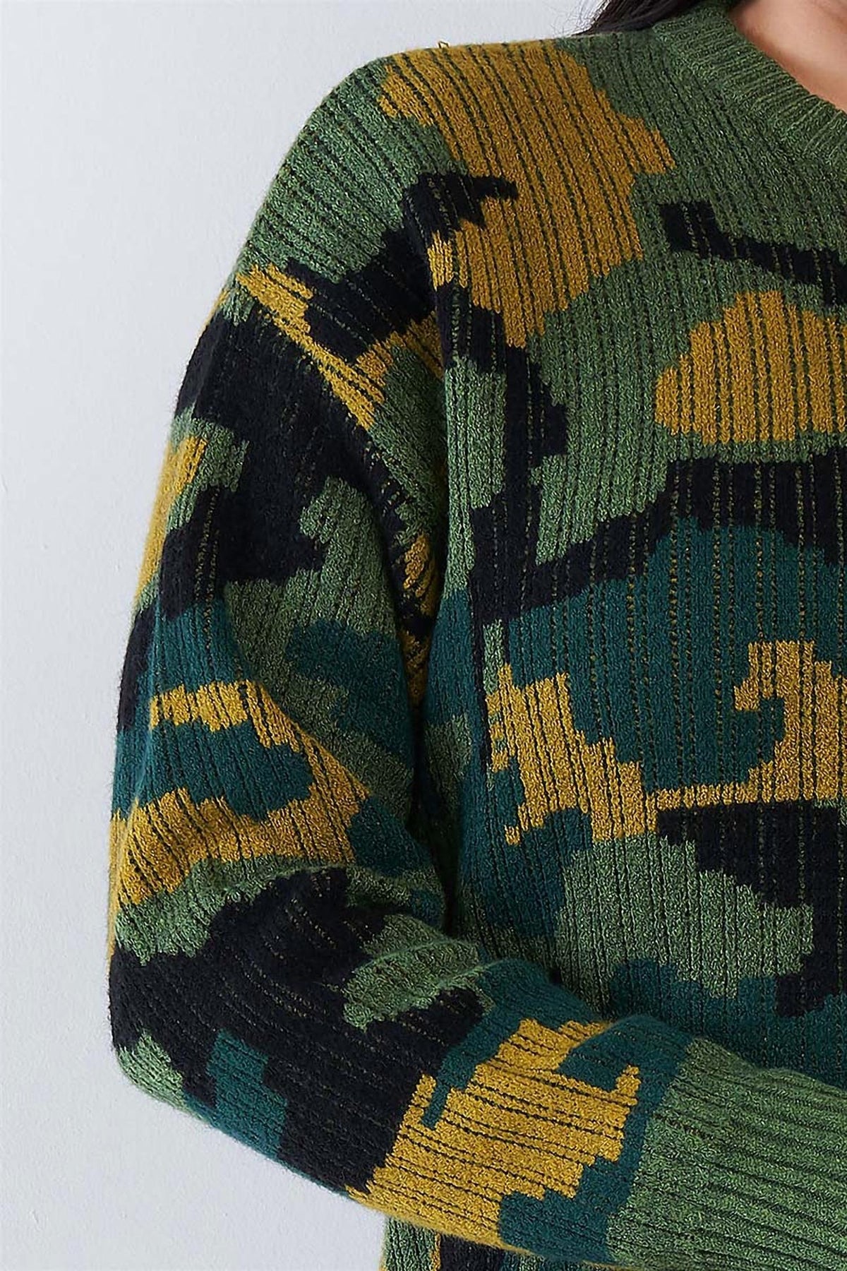 11 Degrees - Army Camo Knit Relaxed Fit Sweater