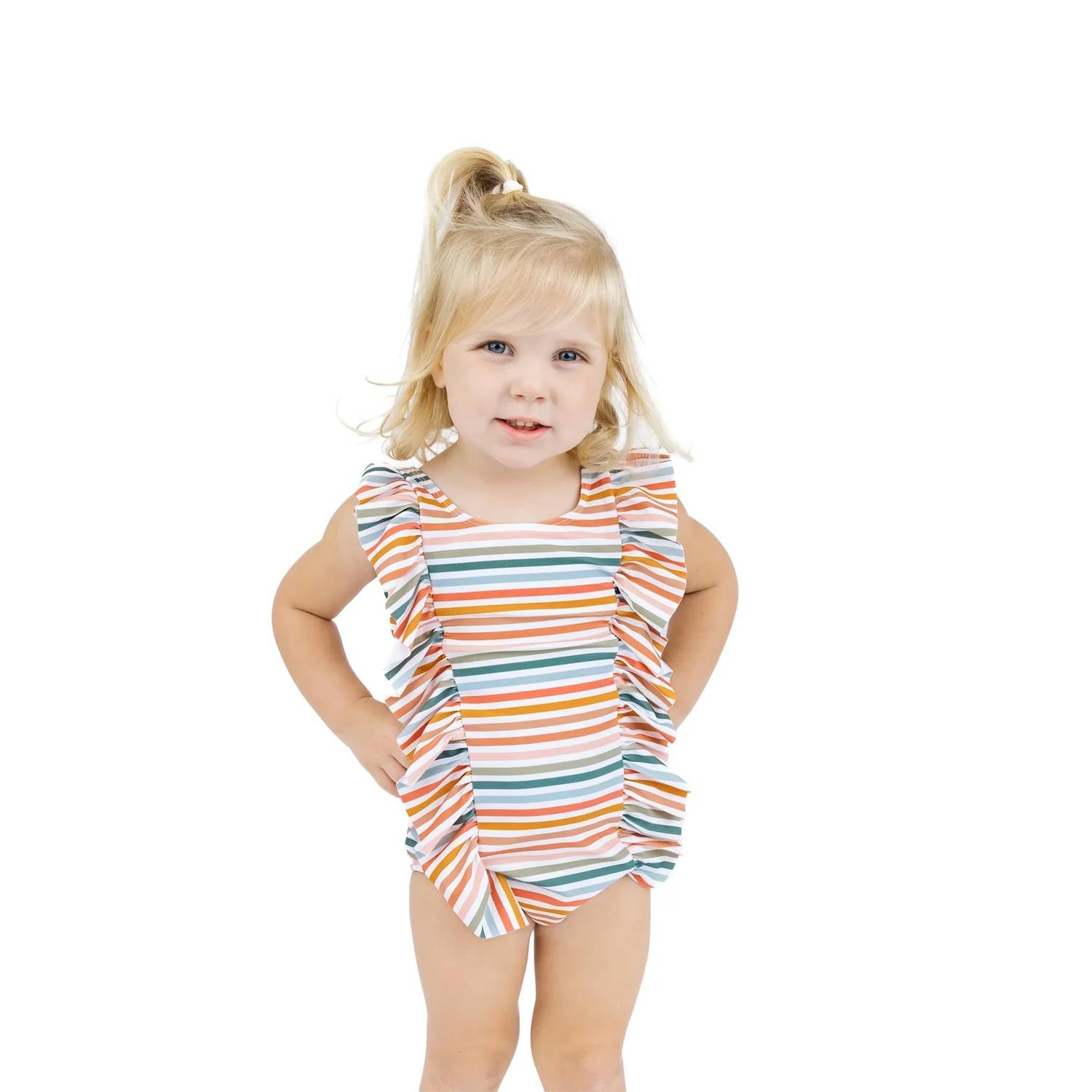 Emerson And Friends - Girl's Sunset Stripe Ruffle Front One Piece Swimsuit