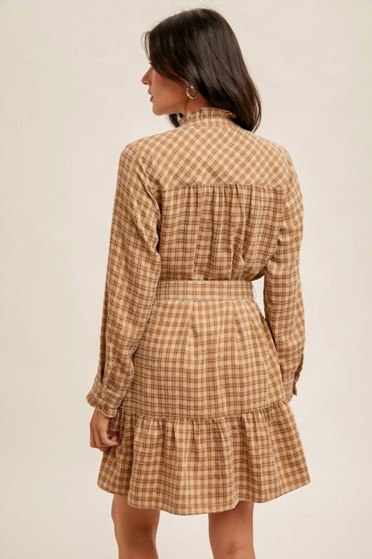 Hem & Thread - Plaid Belted Ruffle Shirt Dress