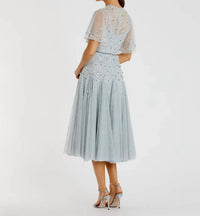 Mac Duggal - Cape Sleeve Beaded Tea Length Aline Gown