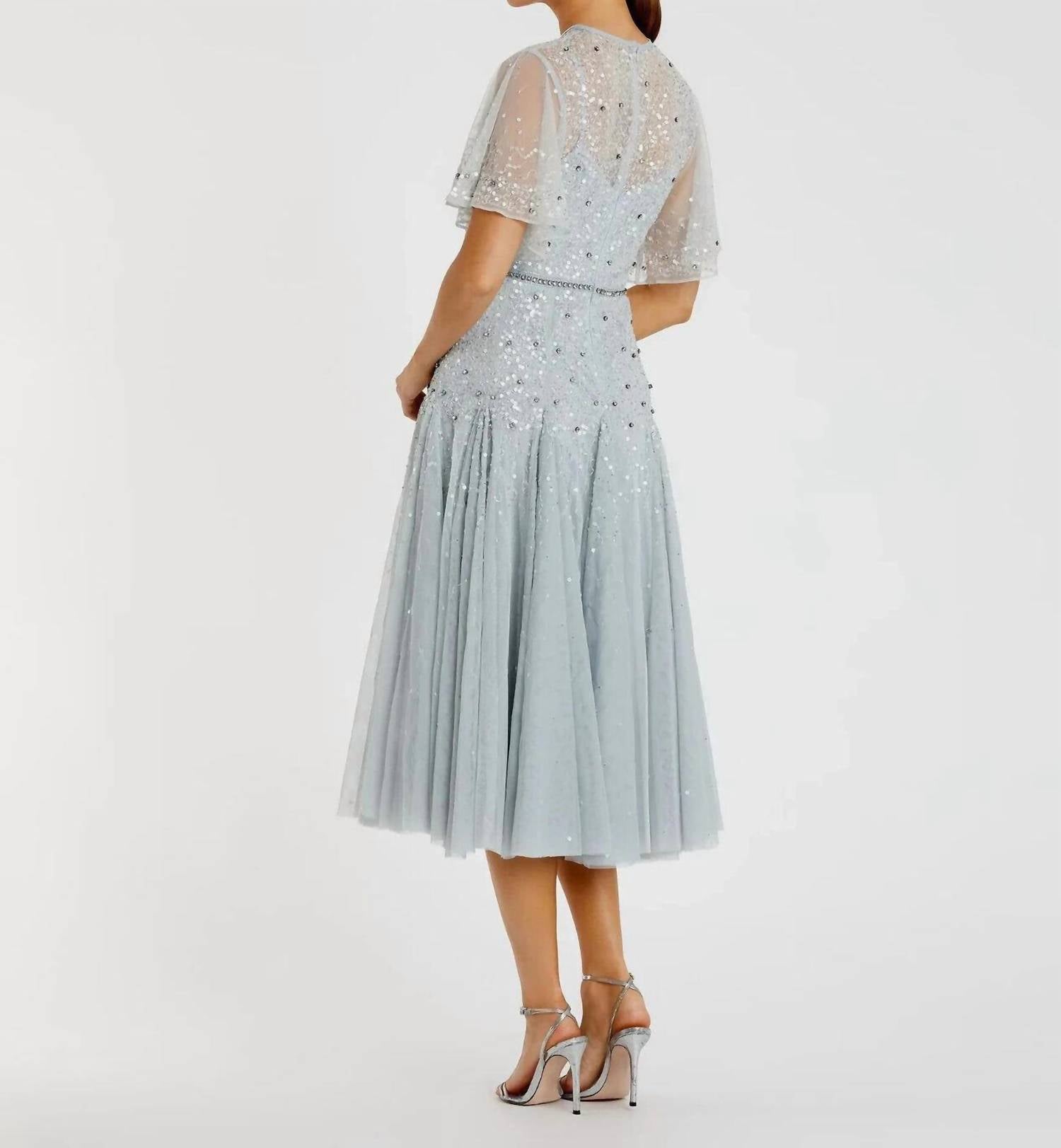 Mac Duggal - Cape Sleeve Beaded Tea Length Aline Gown