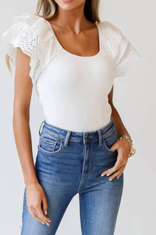 Trendsi - Eyelet Ruffle Sleeve Slim Top