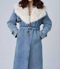 Astrid - Denim Fur Collar Trench Coat