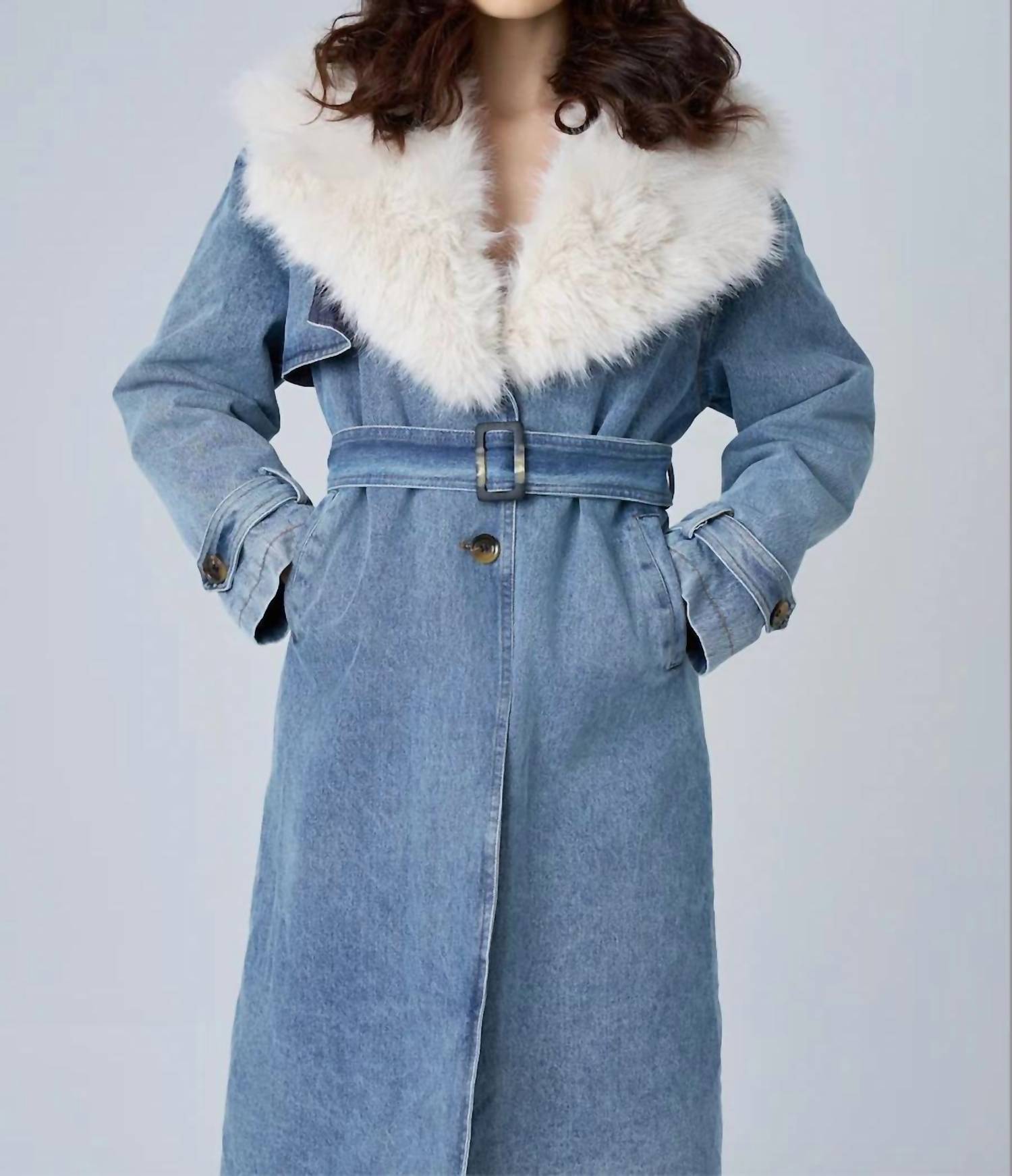 Astrid - Denim Fur Collar Trench Coat