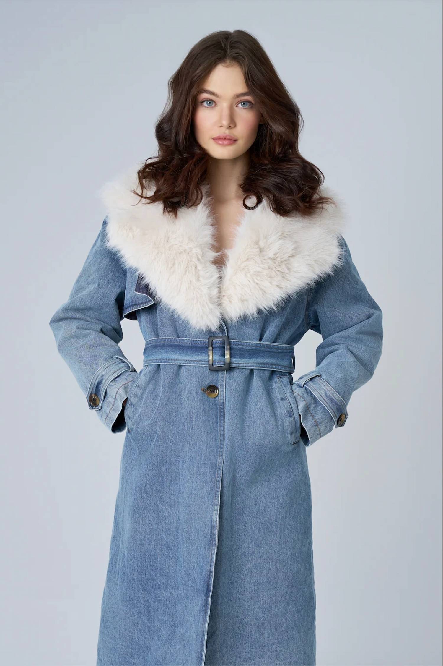 Astrid - Denim Fur Collar Trench Coat