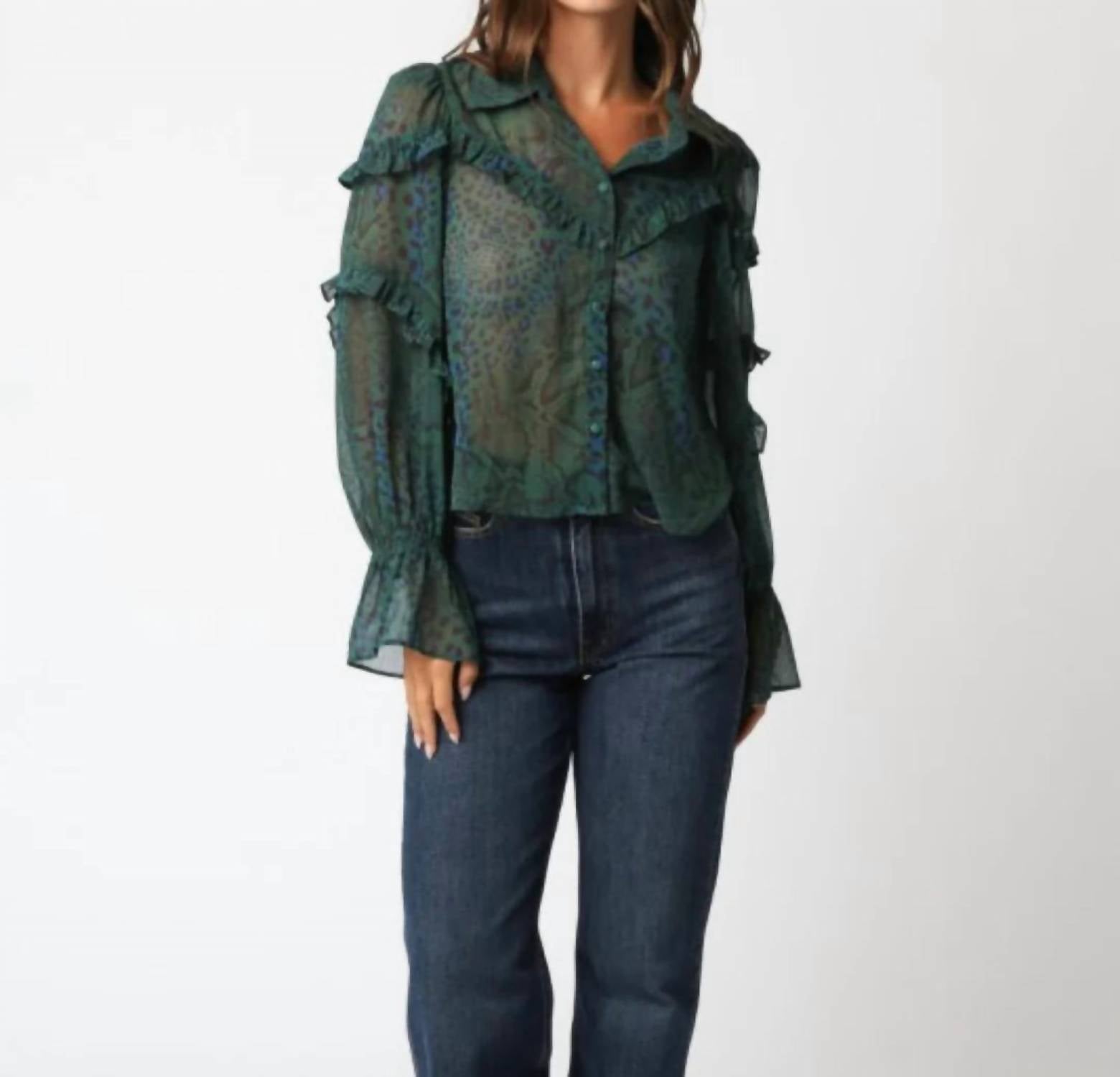 Olivaceous - Zaria Ruffle Sheer Blouse