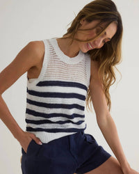 Bella Dahl Sleeveless Crew Neck Top in white and navy stripe - women's tank top