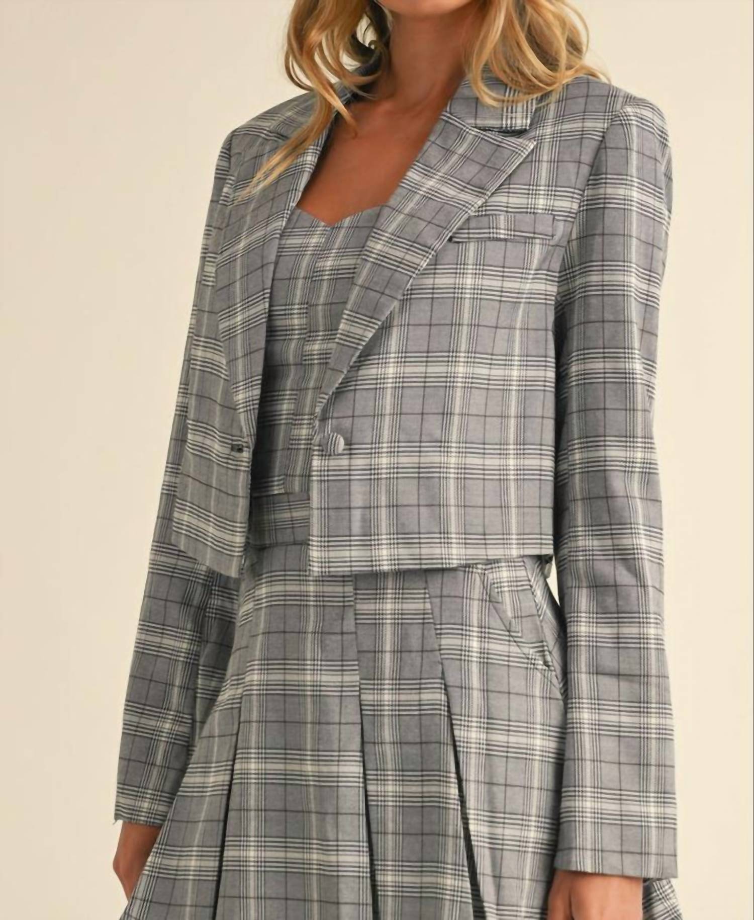 Klesis - Plaid Crop Top, Cropped Blazer, And Pleated Mini Skirt