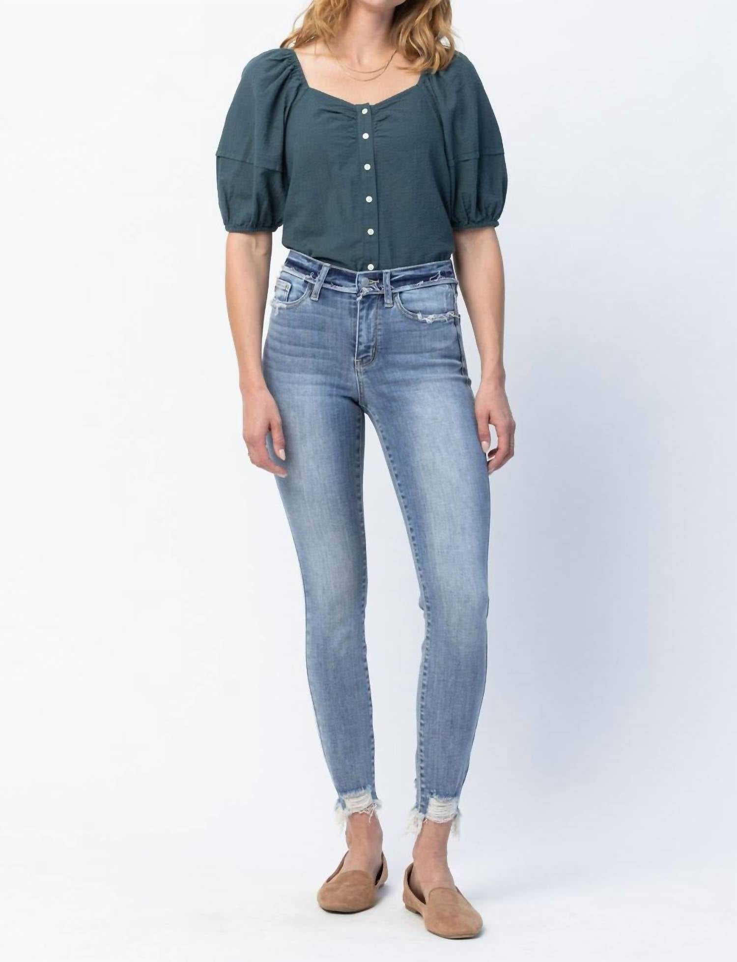 Judy Blue Mid Rise Release Waistband Detail Skinny Jeans in blue - women's pants - view 6