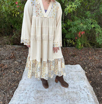 POL Long Sleeve Cotton Gauze Tiered Dress With Crochet Trim in natural - women's dress - detail view