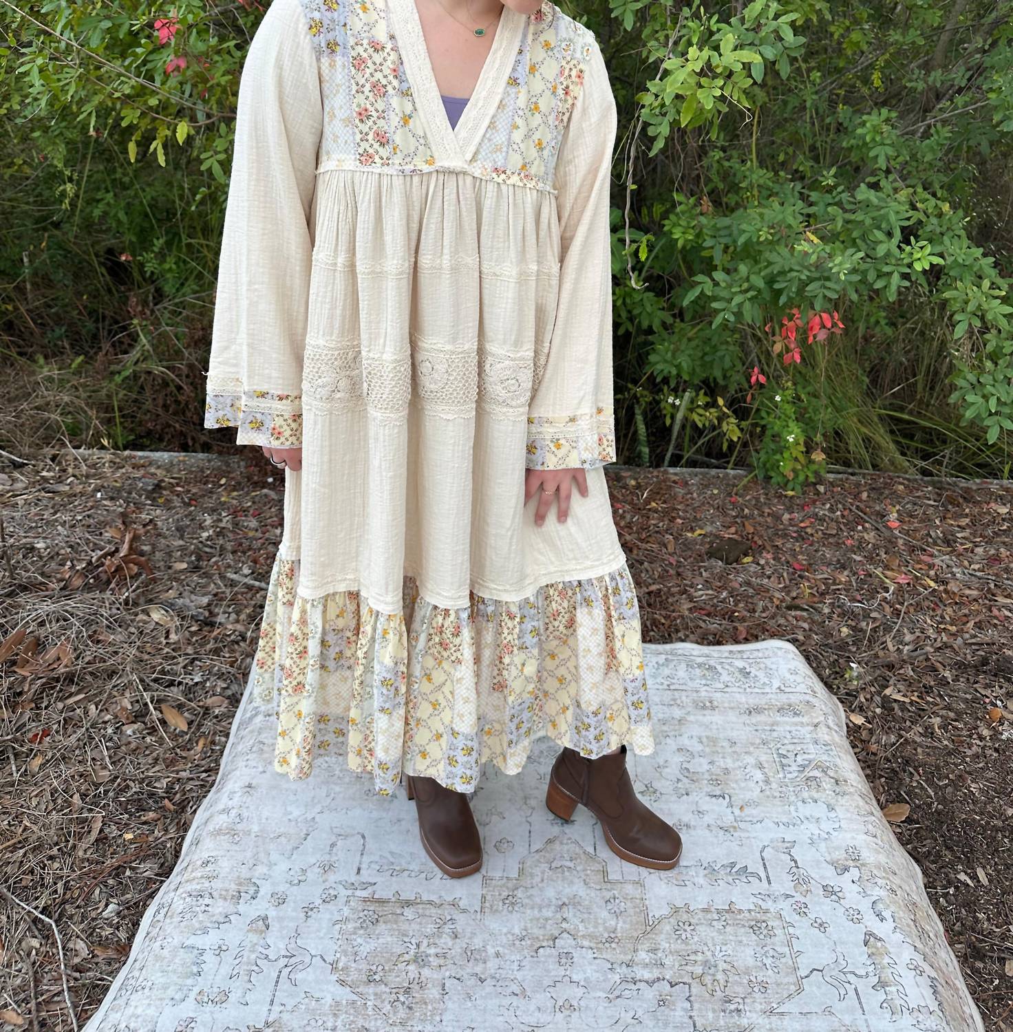 POL Long Sleeve Cotton Gauze Tiered Dress With Crochet Trim in natural - women's dress - detail view