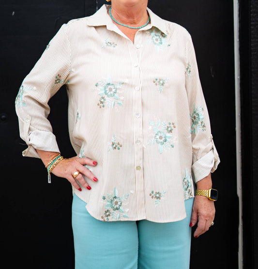 Multiples - Roll Tab Front Button Shirt With Embroidery