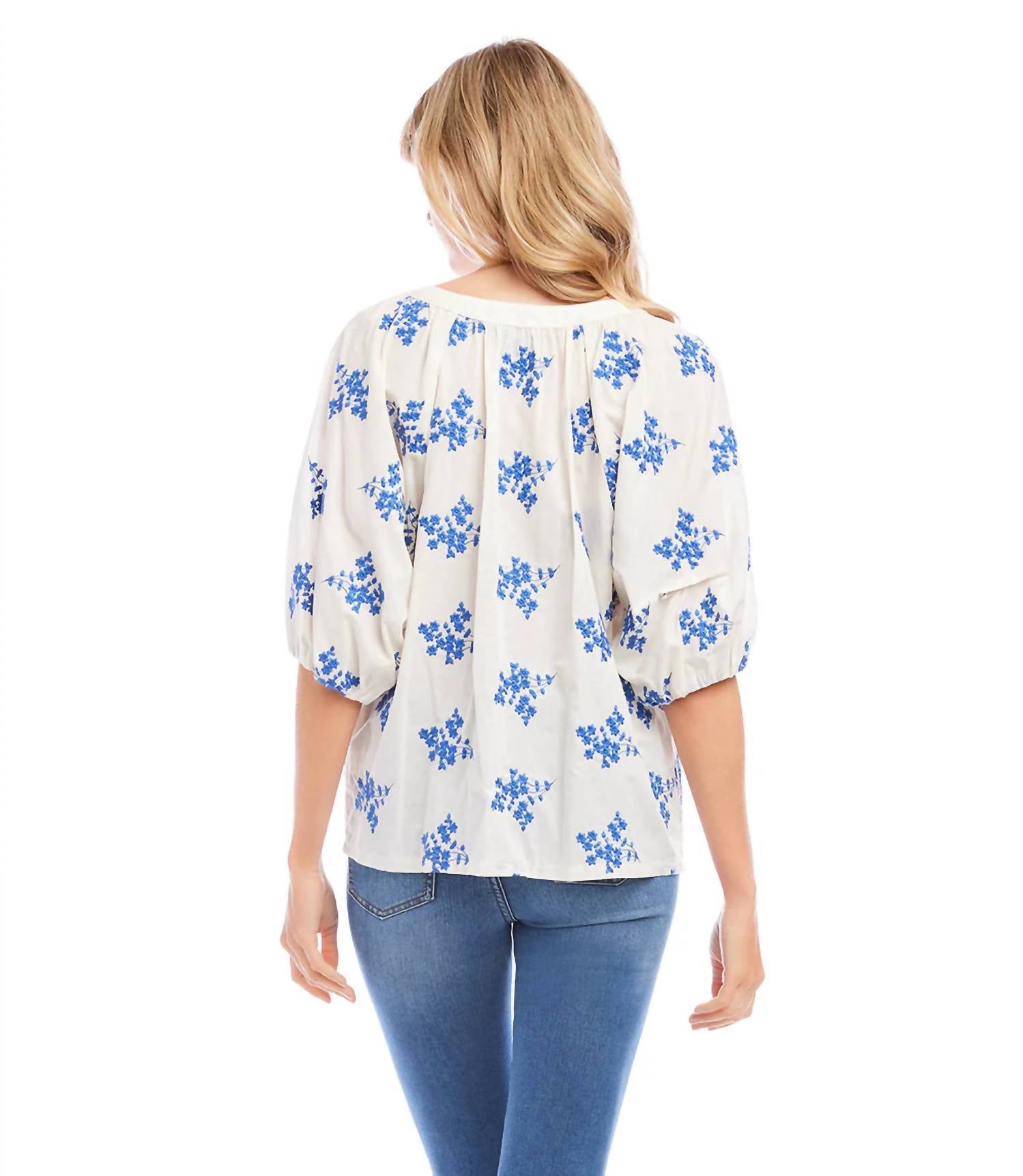 Karen Kane Baylee Floral Embroidered Top in off white and blue - women's blouse - alternate view