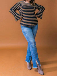 Flying Tomato - Stripe Ruffle Sleeve Top - Plus