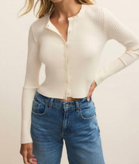 Z Supply Patrice Rib Crew Neck Cardigan in cloud - women's cardigan - detail view