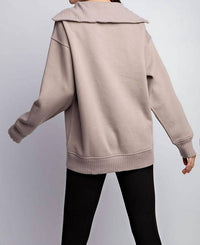 RAE MODE French Terry Fleece Ribbed Mock Neck Pullover Top in taupe - women's long sleeve top - detail view