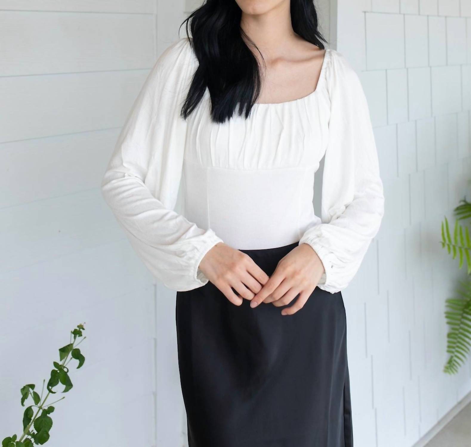mittoshop Rouched Chic Scoopneck Bodysuit in white - women's shirt - detail view