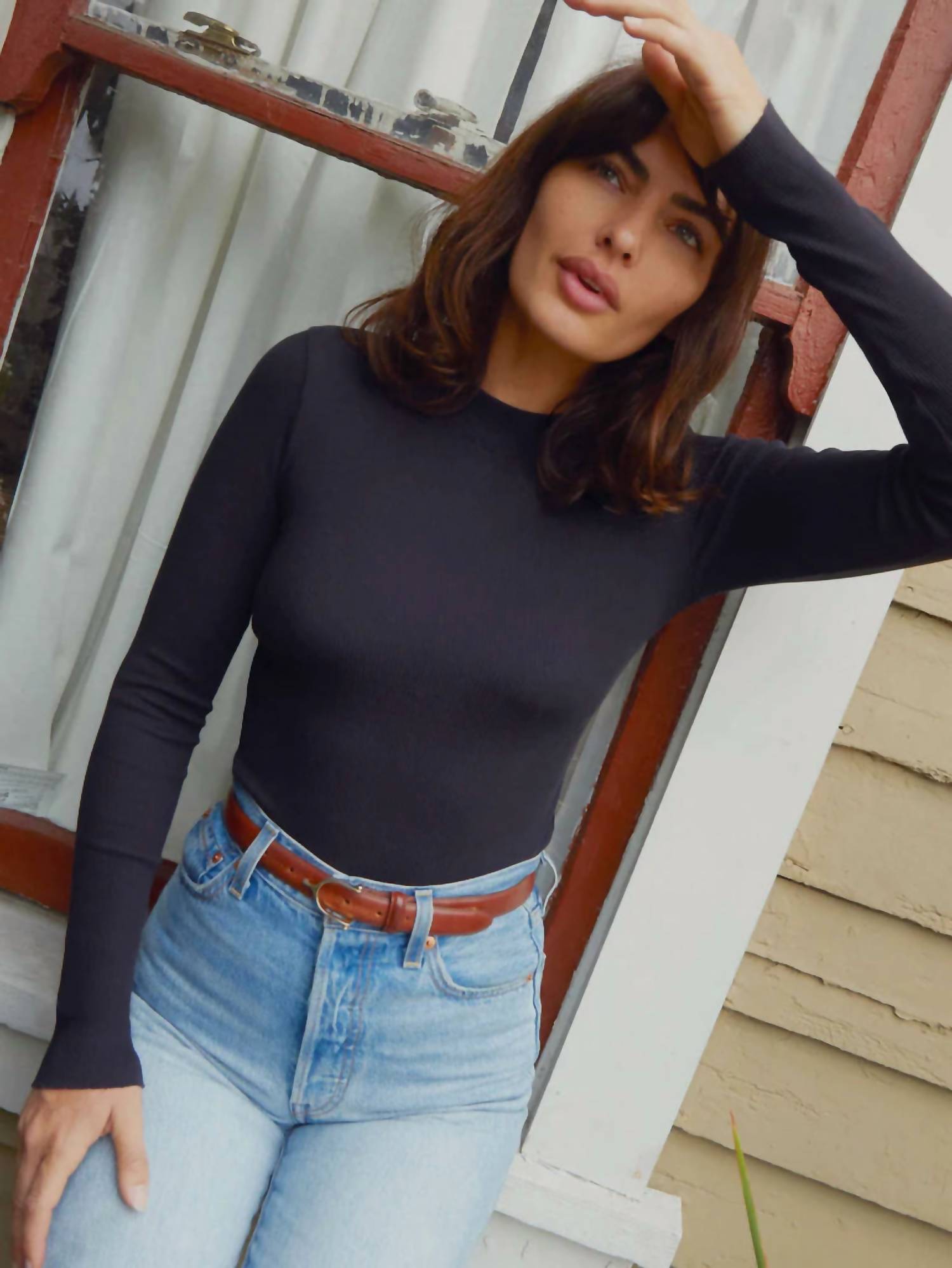 Nation LTD Gina Slim Mock Neck Top in jet black - women's long sleeve top - alternate view
