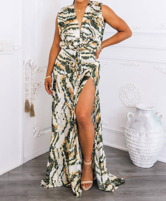 Surelymine - Abstract Print Maxi Dress Plunge Wrap Front With Slit