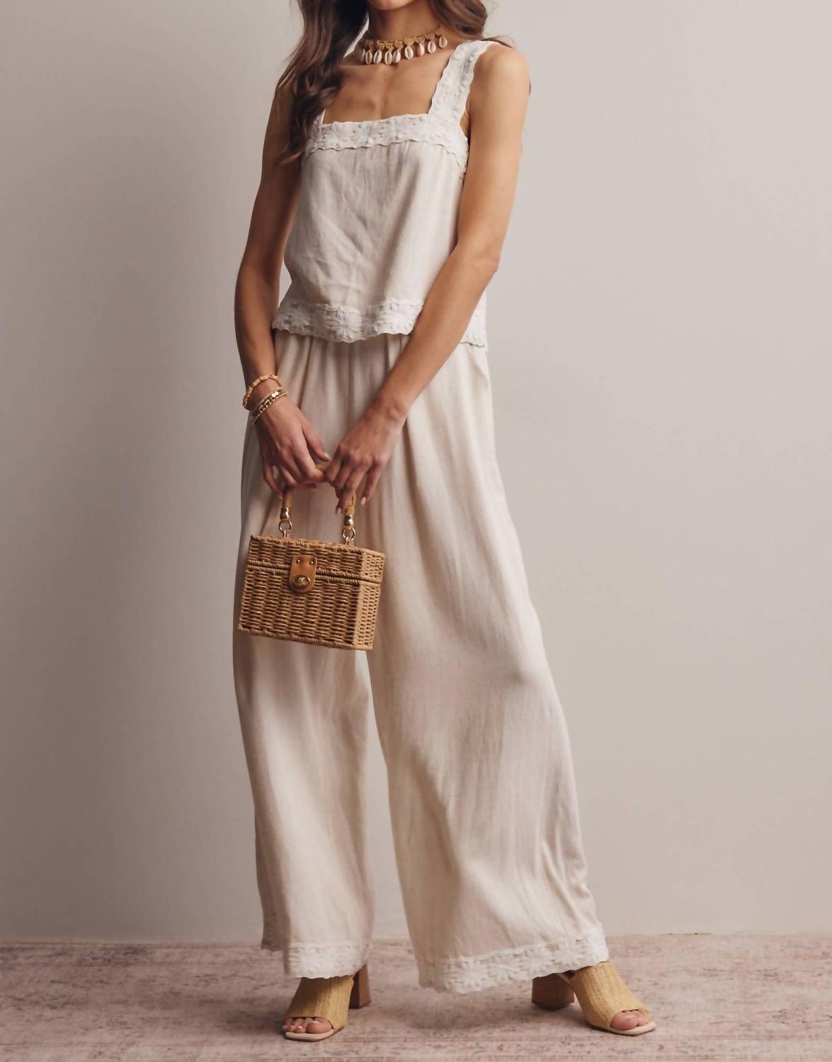 Forte - Embroidered Square Neck Tank And Wide Leg Pants Set