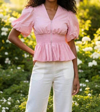She + Sky - Puff Sleeve Smocking Front Zipper Woven Top