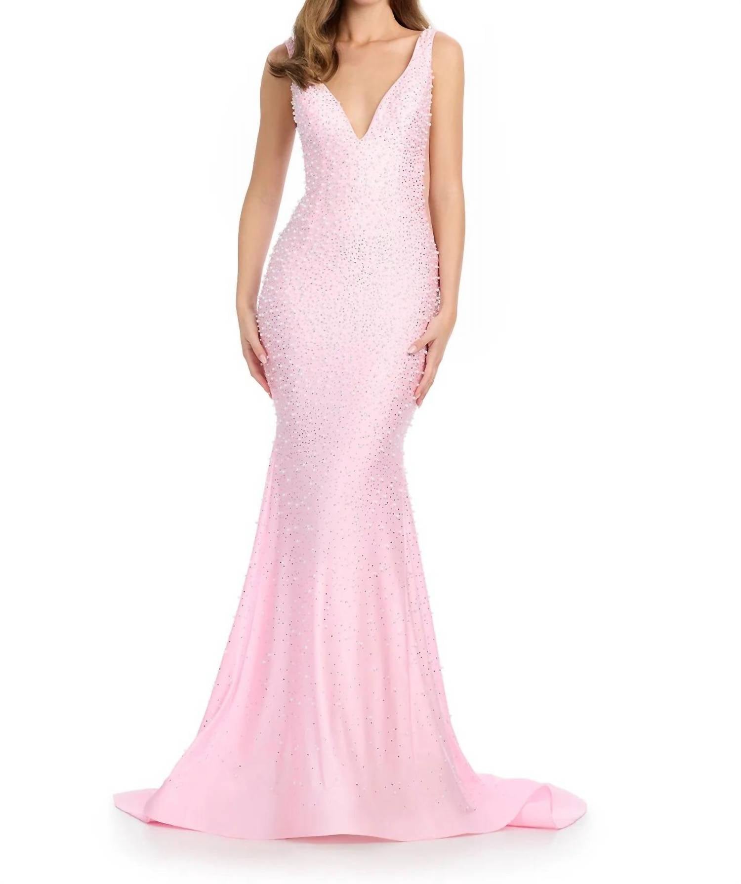 ASHLEYlauren Jersey V Neck Prom Gown in pink - women's dress