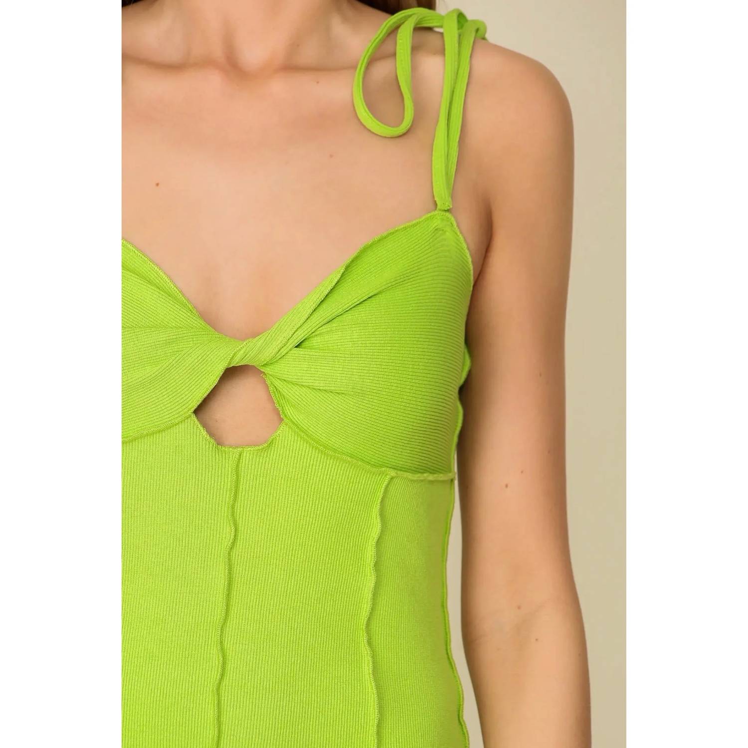 Lumiere - Ribbed Knit Mini Tie Strap Twist Front Dress