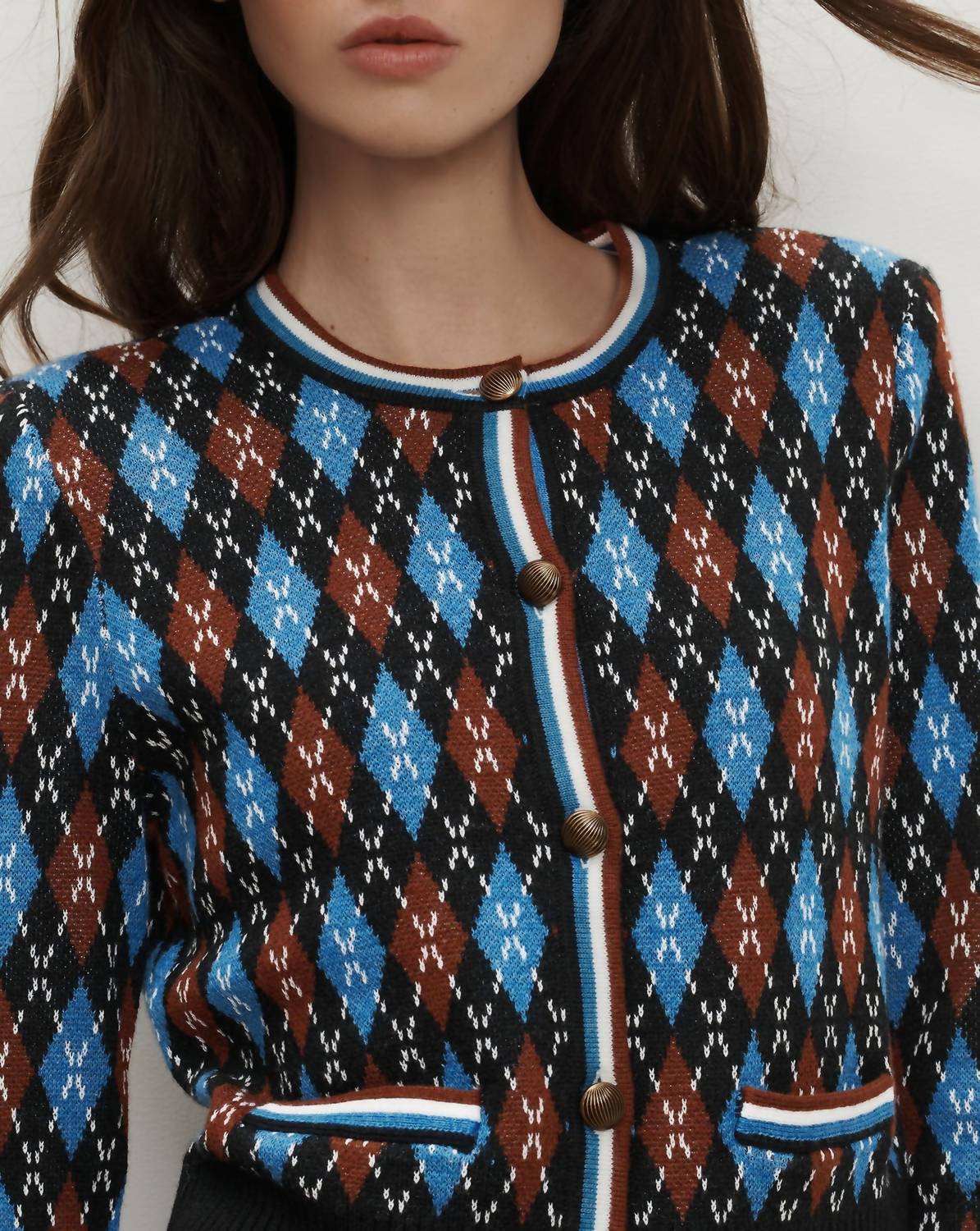 Veronica Beard Sylvane Argyle Cardigan Top in black multi - women's sweater - alternate view