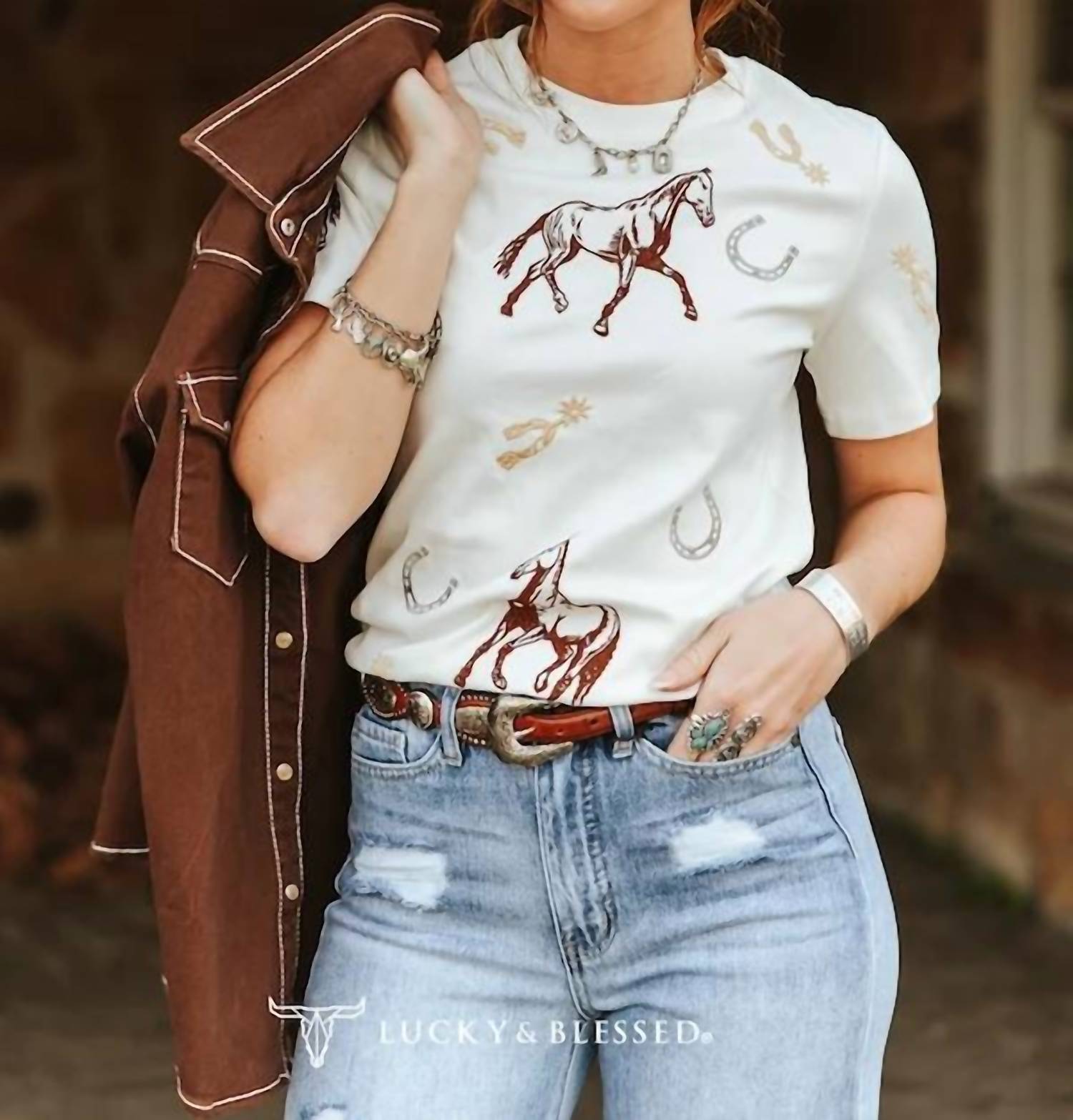 Lucky & Blessed - Western Horseshoe Spur Embroidered Shirt