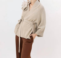 Psophia Tie Front Long Cardigan in ivory - women's cardigan - detail view