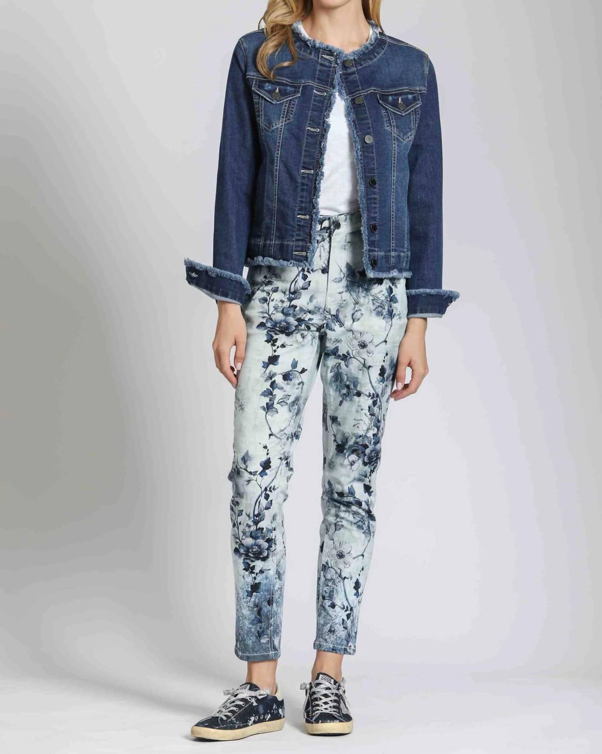 Apny - Collarless Jean Jacket With Frayed Detail