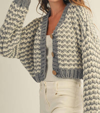 LovLov Vintage Chunky Ribbed Knit Cardigan in grey white - women's cardigan
