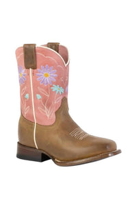 ROPER Girl's Geo Sole Floral Square Toe Kids Boot in brown pink - kids' boots