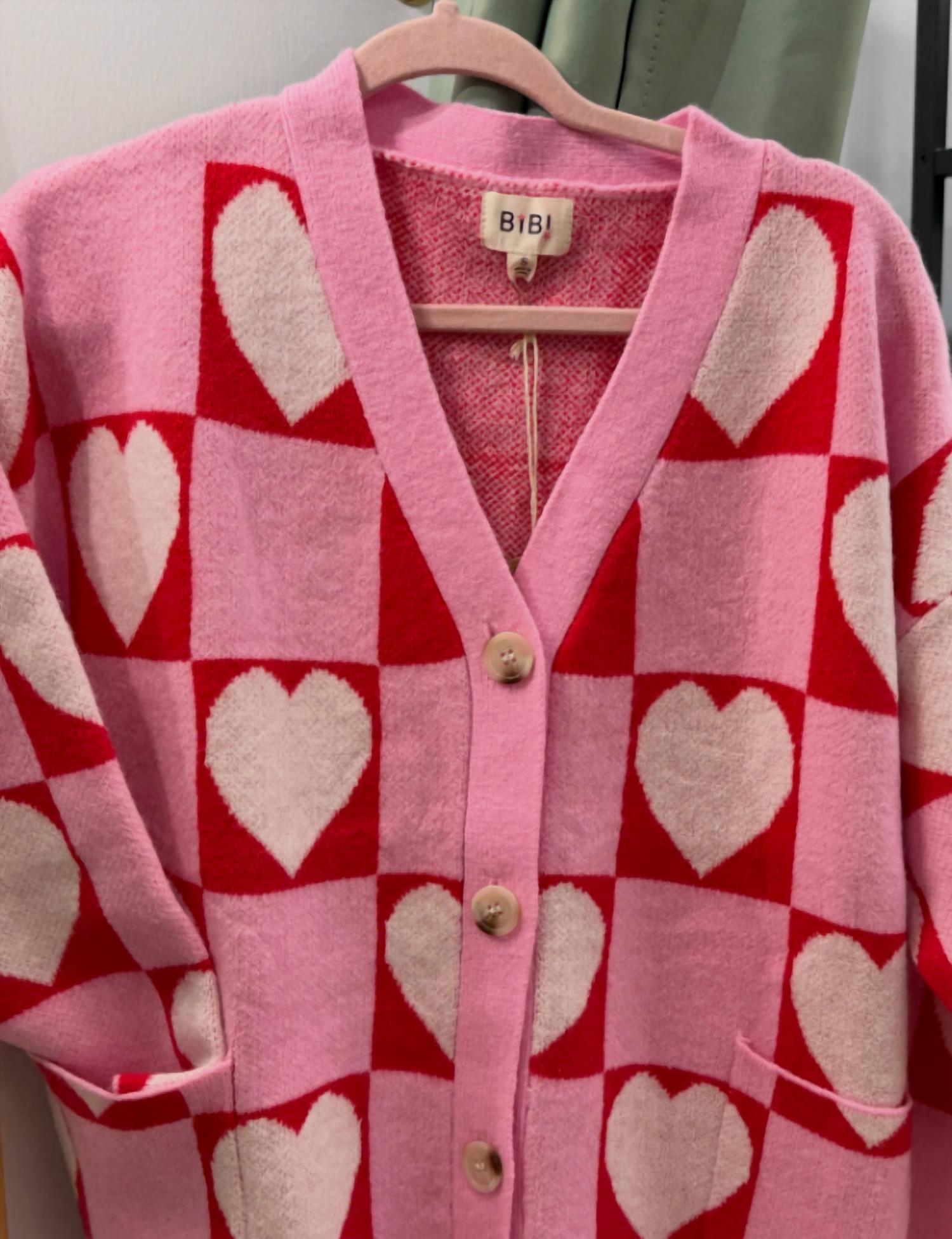 Bibi - Women's Heart Checkered Sweater Cardigan
