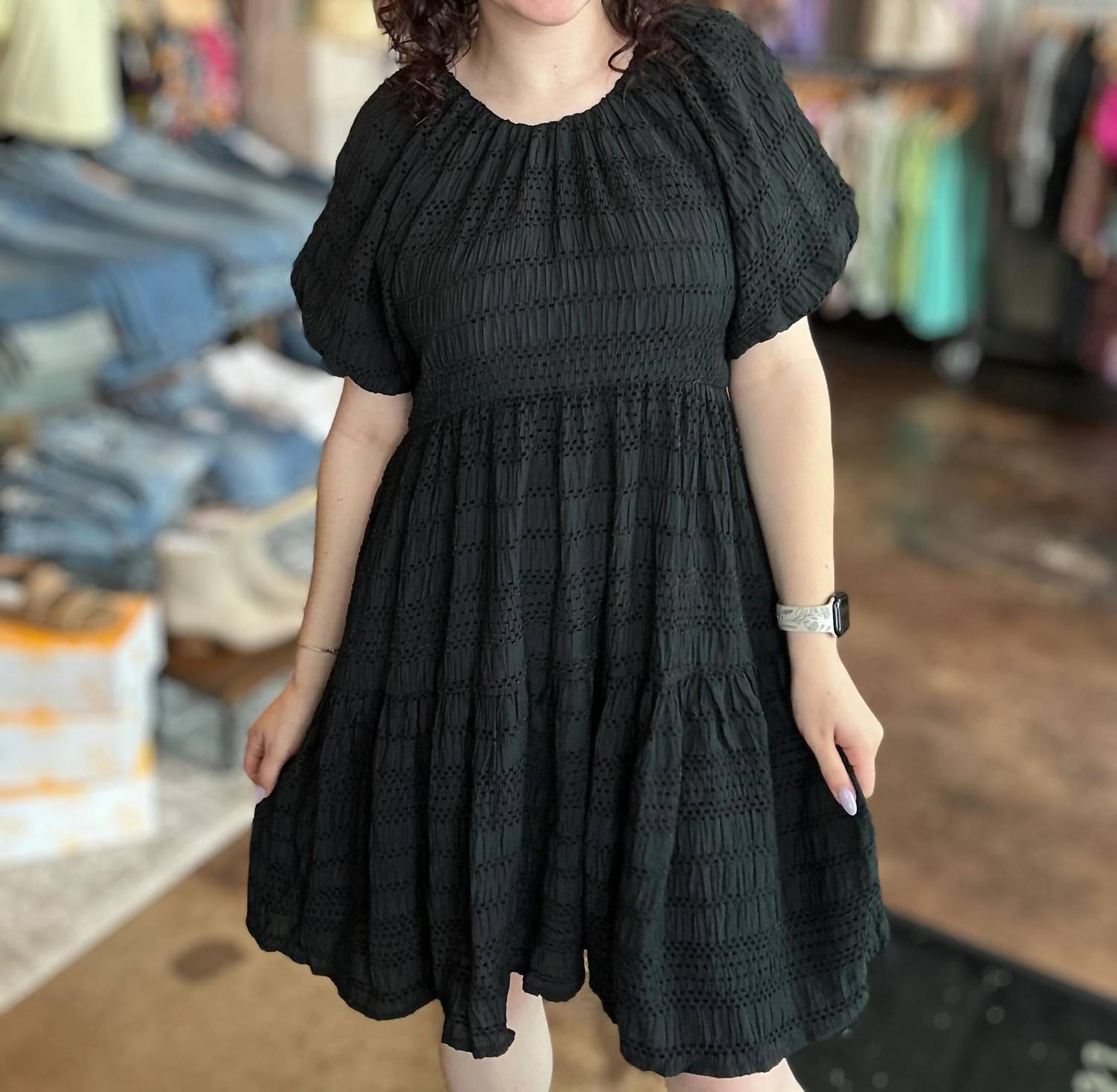 Gigio - Textured Loose Fit Dress With Bow Ties