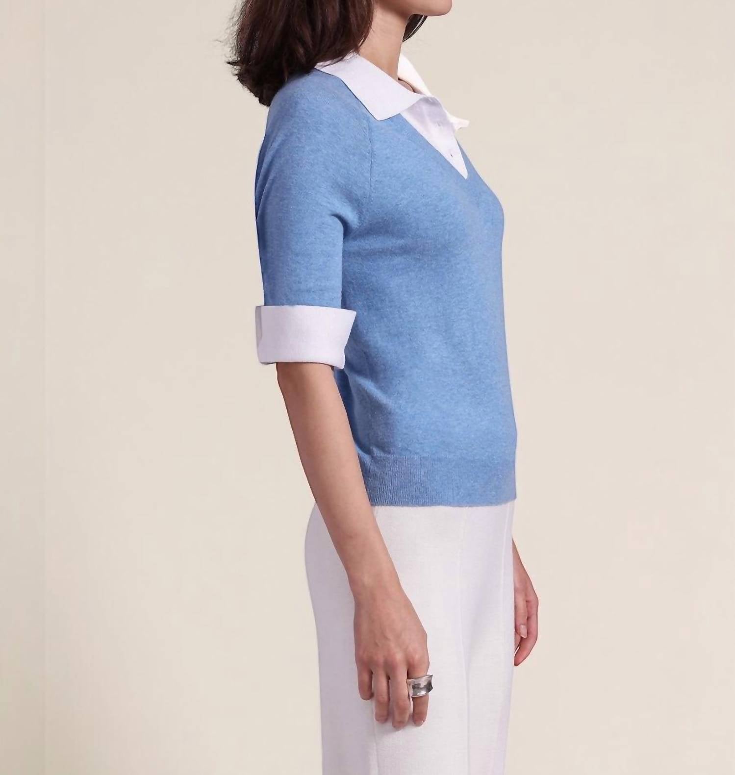 Minnie Rose - Short Sleeve V-neck With Collar Top