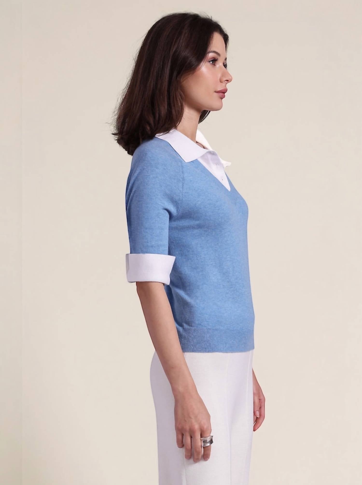 Minnie Rose - Short Sleeve V-neck With Collar Top