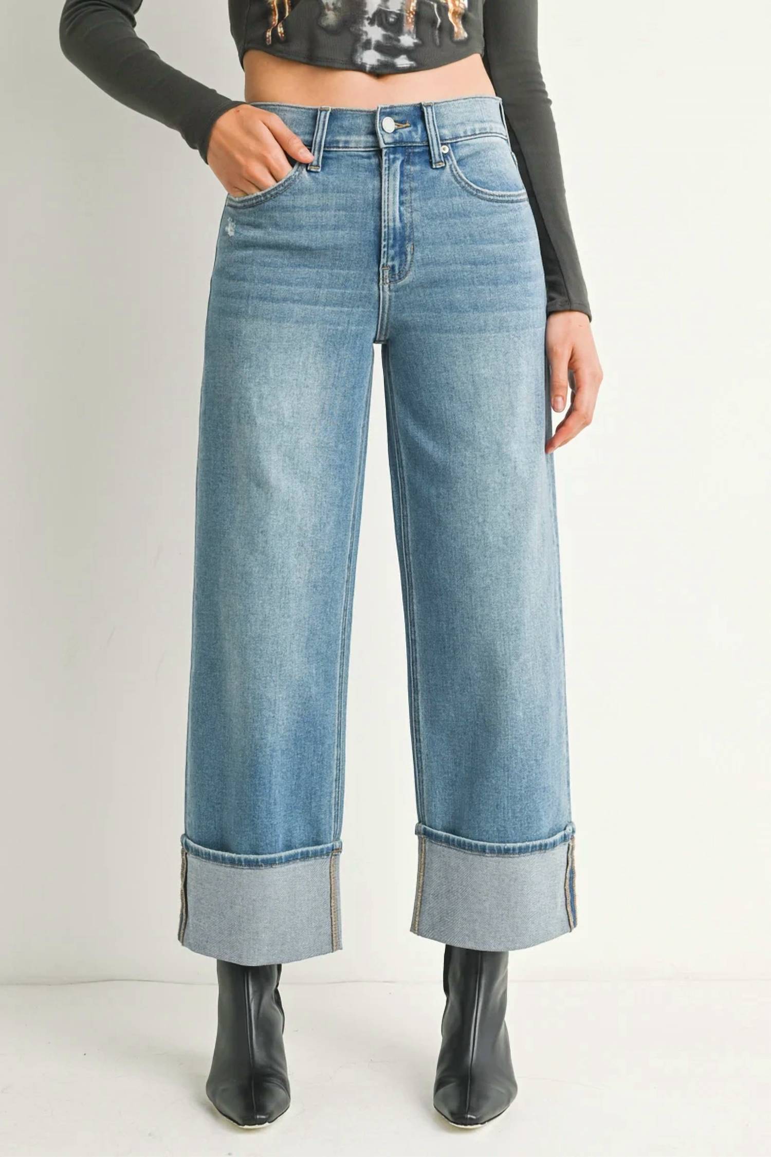 Just Black Denim - Cuffed Slim Wide Jean - Petite