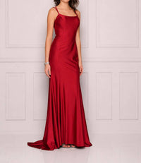 Dave & Johnny - Laced-up Back Long Satin Evening Gown