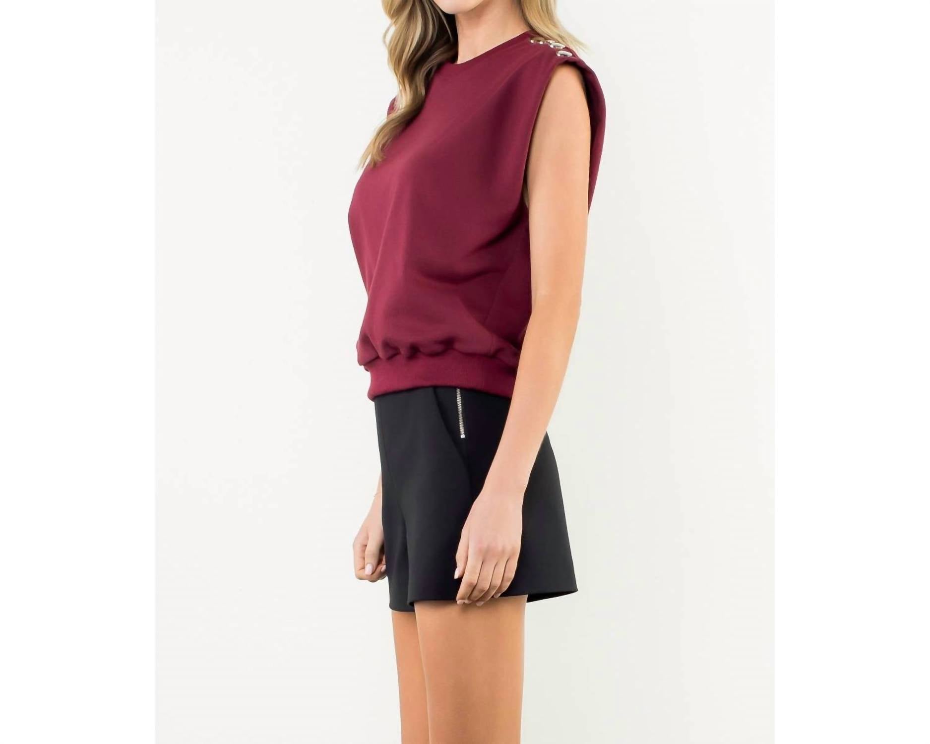 THML Metal Button Shoulder Sleeveless Top in burgundy - women's blouse - detail view