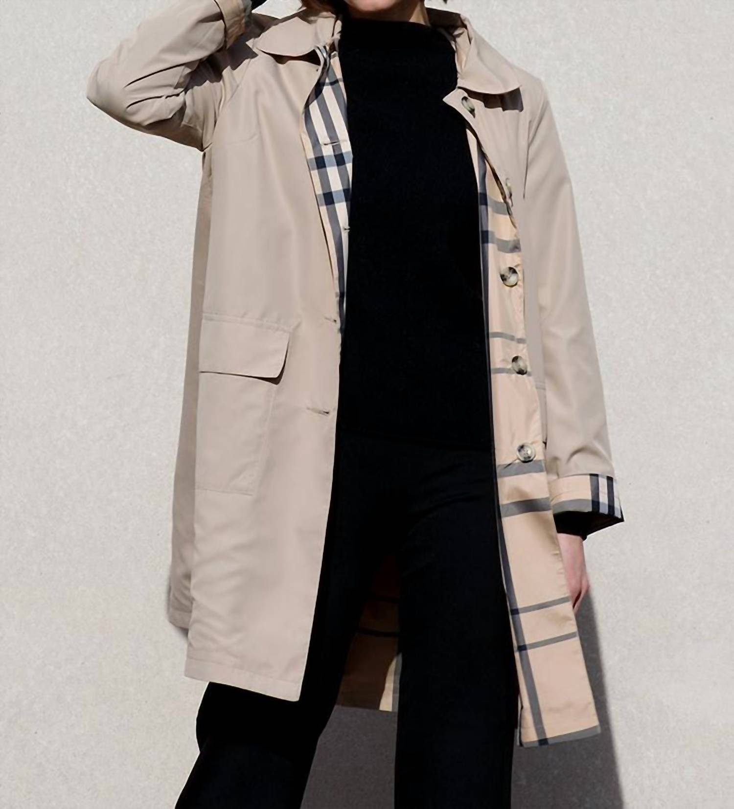 RAINRAPS Raintrench With Detachable Hood Rain Trench Coat in camel plaid - women's jacket