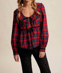 Listicle - Plaid Velvet Trim Holiday Blouse