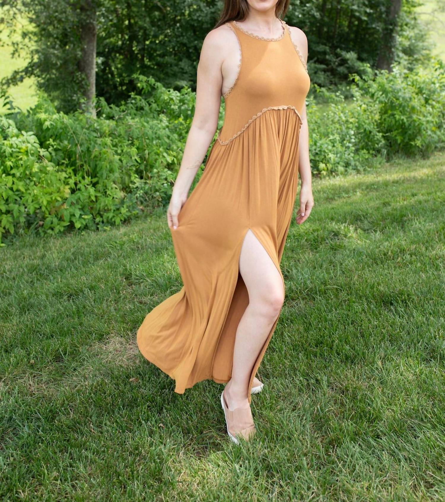 POL Stone Washed Maxi Dress in mustard - women's dress
