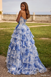 Sherri Hill Ruffle Skirt Strapless Floral Dress in ivory blue print - women's dress - alternate view