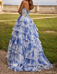 Sherri Hill Ruffle Skirt Strapless Floral Dress in ivory blue print - women's dress - detail view