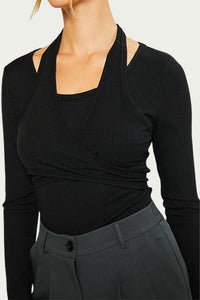 LAYERED HALTERNECK RIBBED-KNIT TOP