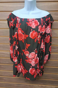 Honey Belle - Women's Roses On Black Ruffle Off Shoulder Blouse