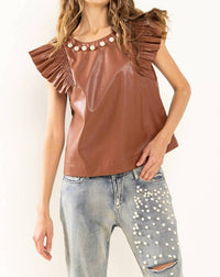 Ces Femme - Smocked Ruffled Shoulder Pearl Detail Top